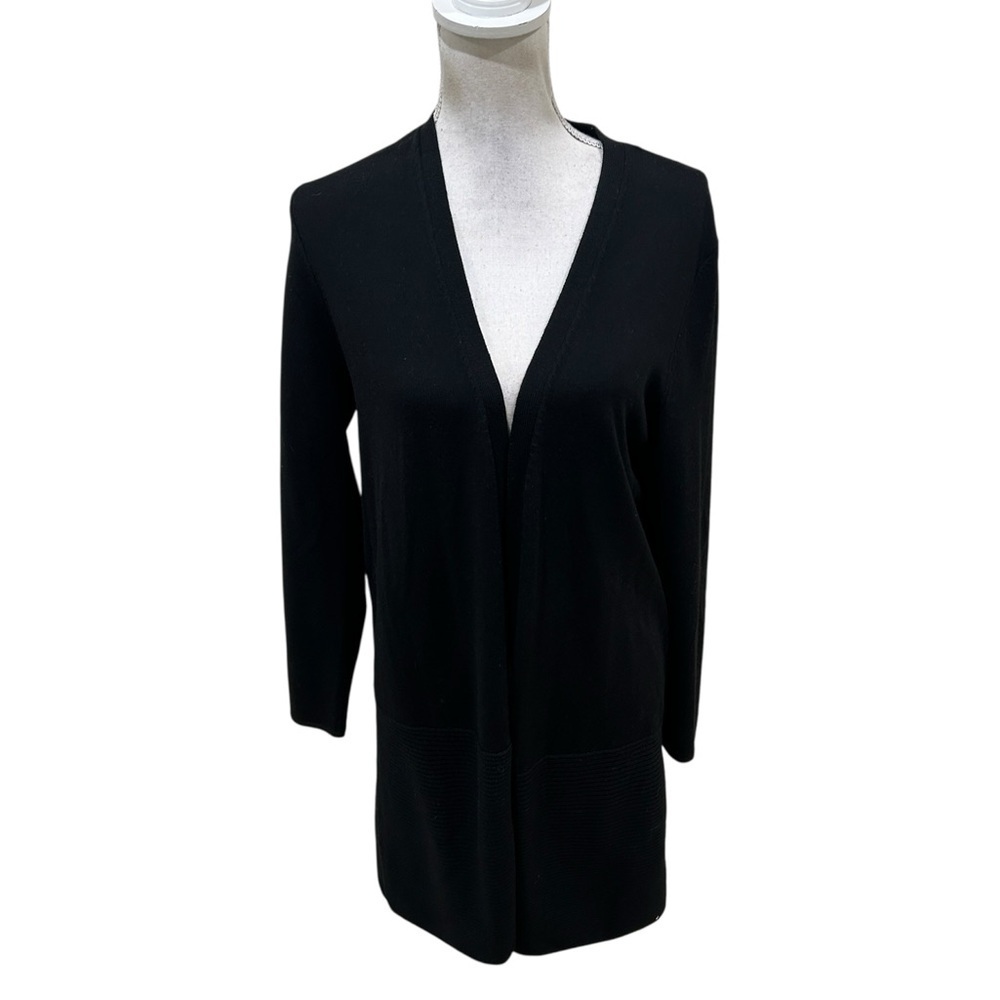 Talbots Black V-Neck Open-Front Sweater Cardigan merino wool medium